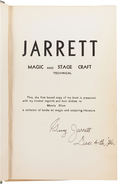  JARRETT, Guy (1881 – 1972). Jarrett. Magic and Stage Craft ...