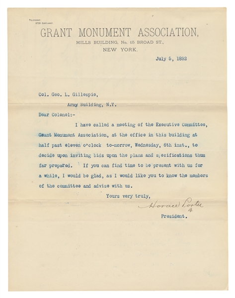  [GRANT, Ulysses S. (1822-1885)]. Typed letter signed (“Hora...