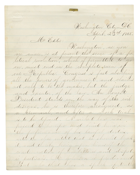  [JOHNSON, Andrew (1808-1875)]. Autograph letter, Washington...