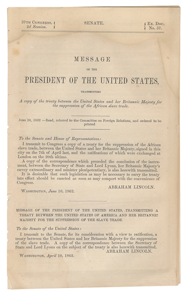  [LINCOLN, Abraham (1809-1865)]. Message of the President of...