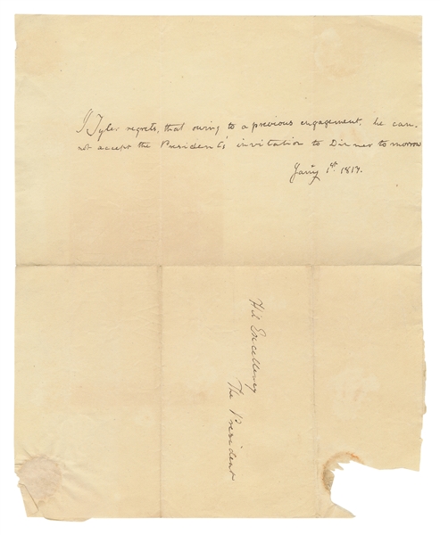  TYLER, John (1790-1862). Autograph note signed (“J Tyler”) ...