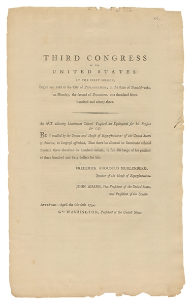  [WASHINGTON, George (1732-1799)]. Third Congress of the Uni...