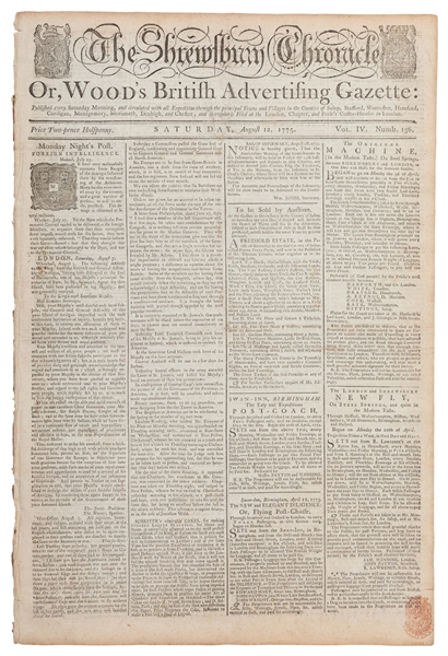  [WASHINGTON, George (1732-1799)]. The Shrewsbury Chronicle;...