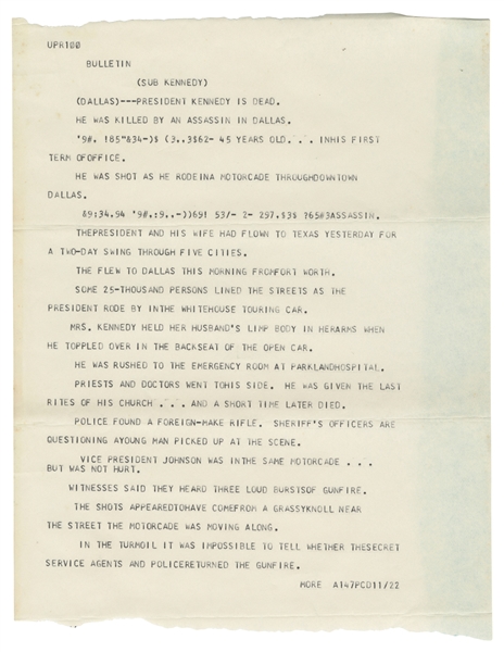  KENNEDY, John F. (1917-1963). Teletype announcement of the ...