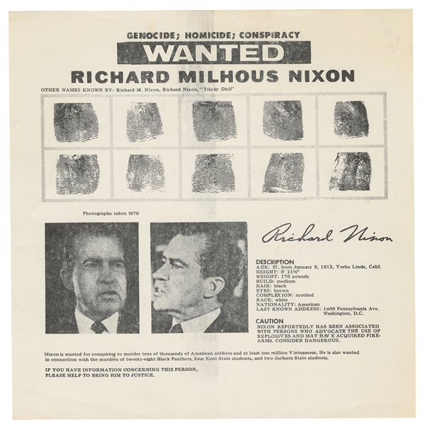  [NIXON, Richard Milhous (1913-1994)]. Wanted: Genocide; Hom...