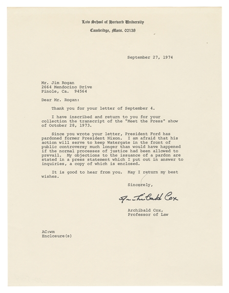  [WATERGATE]. COX, Archibald (1912-2004). Typed Letter Signe...