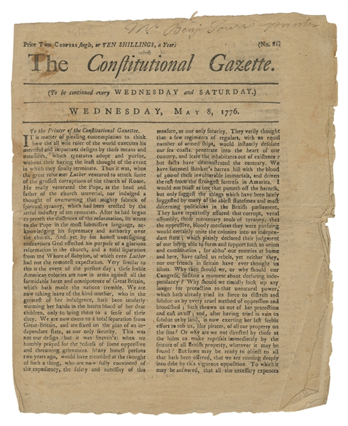  [AMERICAN INDEPENDENCE]. The Constitutional Gazette. New Yo...