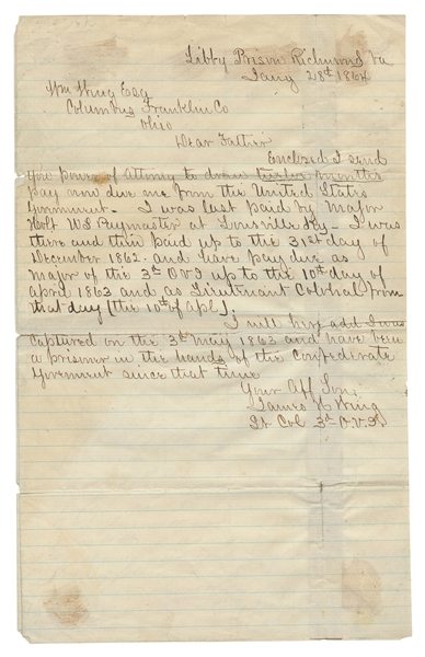  [CIVIL WAR, LIBBY PRISON]. Autograph letter signed (“James ...