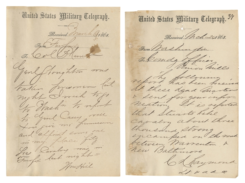  [CIVIL WAR]. A pair of military telegraph messages, plus a ...