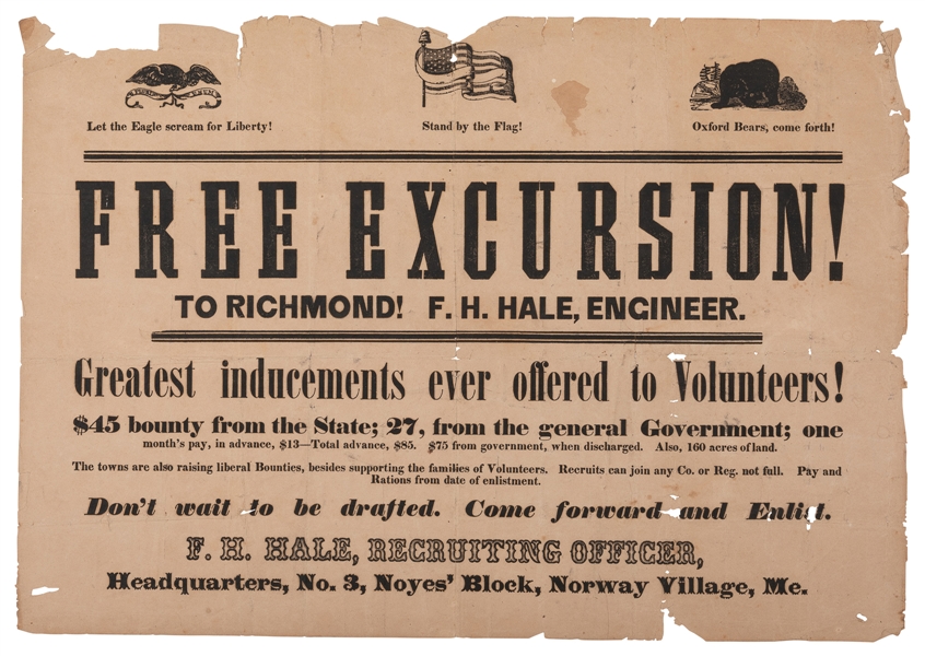  [CIVIL WAR]. “Free Excursion! to Richmond! F. H. Hale, Engi...