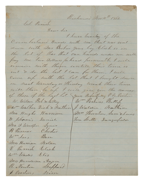  [CIVIL WAR]. OVERTON, P. N. Autograph Letter Signed, Richmo...