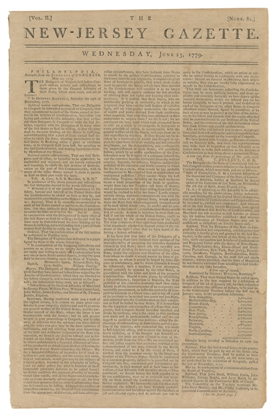  [REVOLUTIONARY WAR]. The New Jersey Gazette. Maryland’s opp...