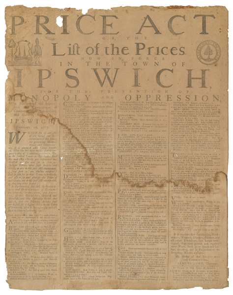  [REVOLUTIONARY WAR]. Price Act; or, The List of the Prices ...