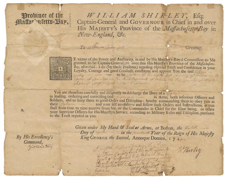  SHIRLEY, William (1694-1771). Partially printed document si...