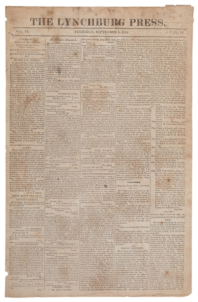  [WAR OF 1812]. The Lynchburg Press. British destroy Washing...