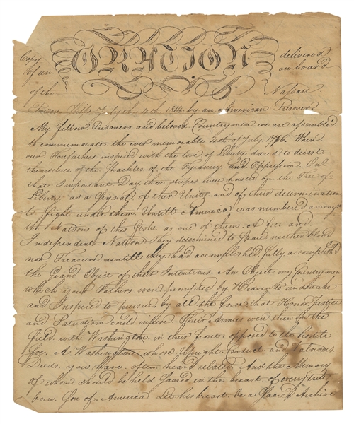  [WAR OF 1812]. Six and One-Fourth Page Manuscript “Copy of ...