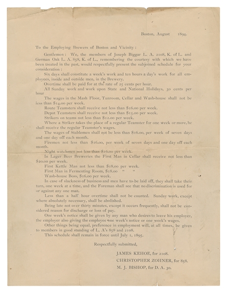  [BREWING]. Labor union circular. Boston: N.p., August 1894....