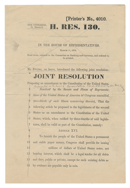  [BILL OF RIGHTS]. A congressman’s copy of a slip law workin...