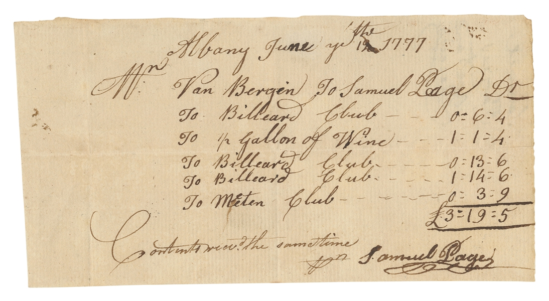  [BILLIARDS]. Autograph document signed, Albany, 12 June 177...