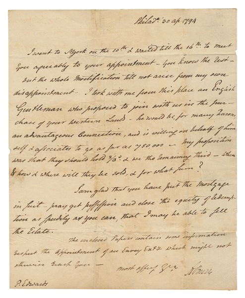  BURR, Aaron (1756-1836). Autograph letter twice signed (“A ...