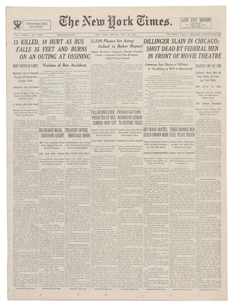  [CHICAGO CRIME]. The New York Times. John Dillinger is Slai...