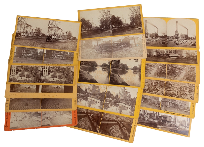  [GREAT CHICAGO FIRE]. A group of 17 rare stereoviews showin...