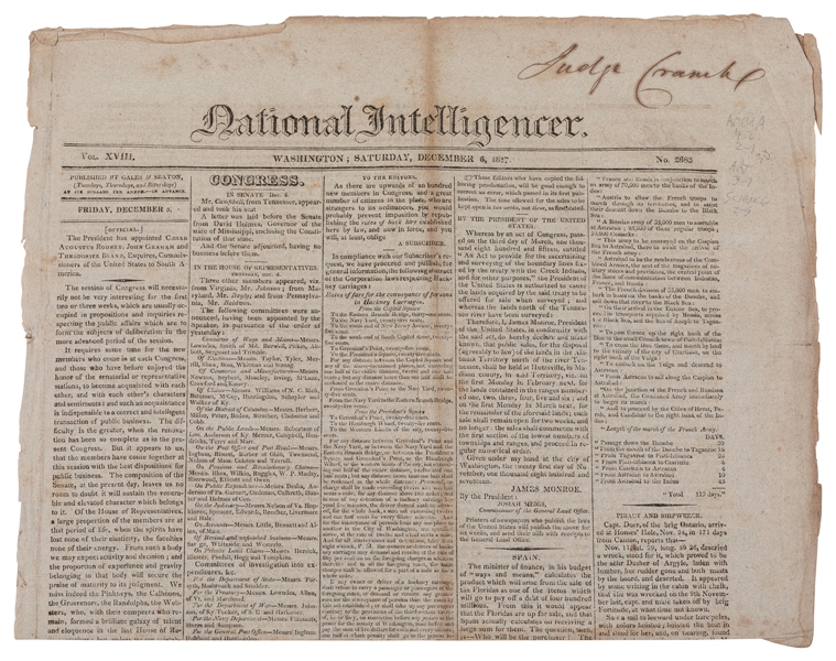  [CREEK WAR]. National Intelligencer. President Monroe makes...