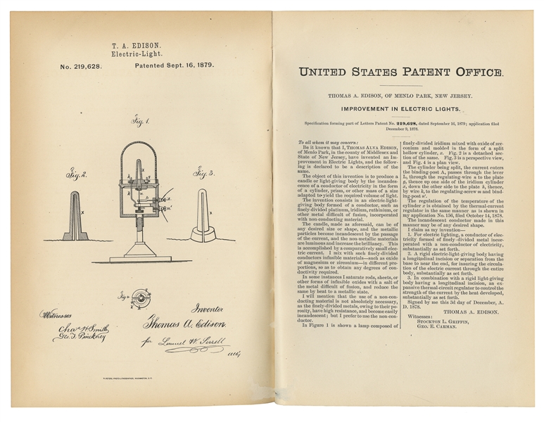  EDISON, Thomas (1847-1931). Patent for Edison’s Improvement...