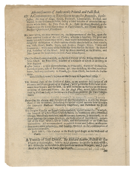  [ELIOT, John (1604-1690)]. Early advertisement for Eliot’s ...