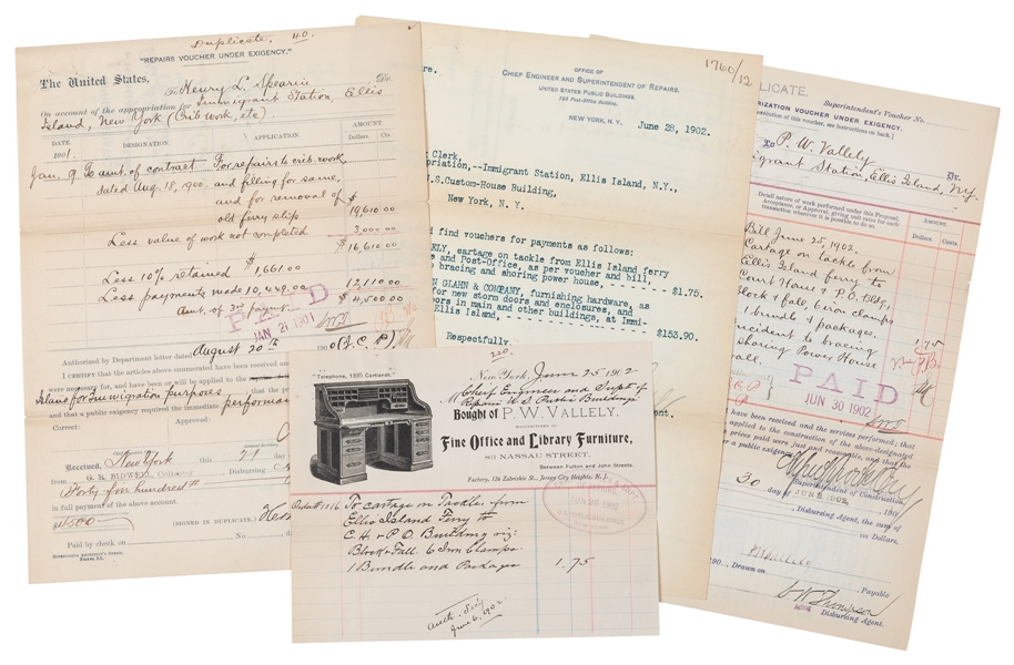  [ELLIS ISLAND]. Group of Four Invoices or Vouchers for the ...