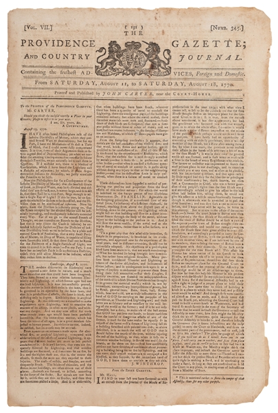  [FRANKLIN, Benjamin (1706-1790)]. The Providence Gazette; a...