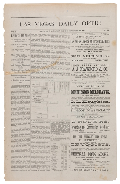  [GREAT LAS VEGAS FIRE OF 1880]. Las Vegas Daily Optic, Vol....