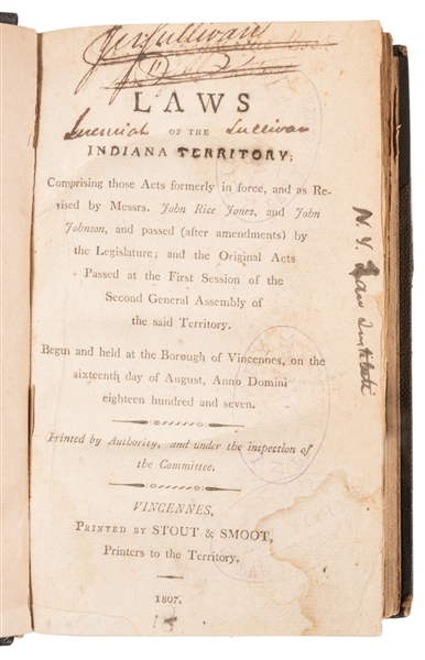  [INDIANA TERRITORY]. [SULLIVAN, Jeremiah C. (1794-1870), hi...