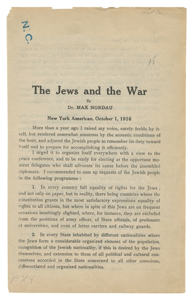  [JUDAICA]. NORDAU, Max (1849-1923). Jews and the War. New Y...