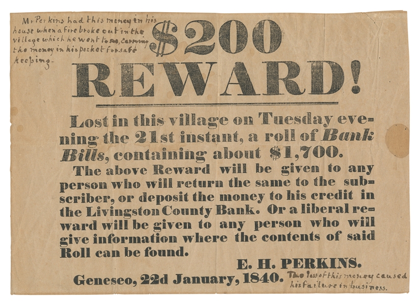  [LOST CURRENCY]. PERKINS, E.H. $200 Reward! Lost in this vi...