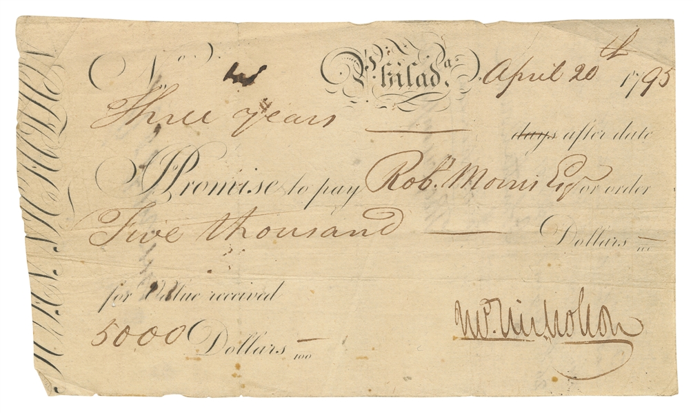  [MORRIS, Robert (1734-1806)]. Partially printed promissory ...