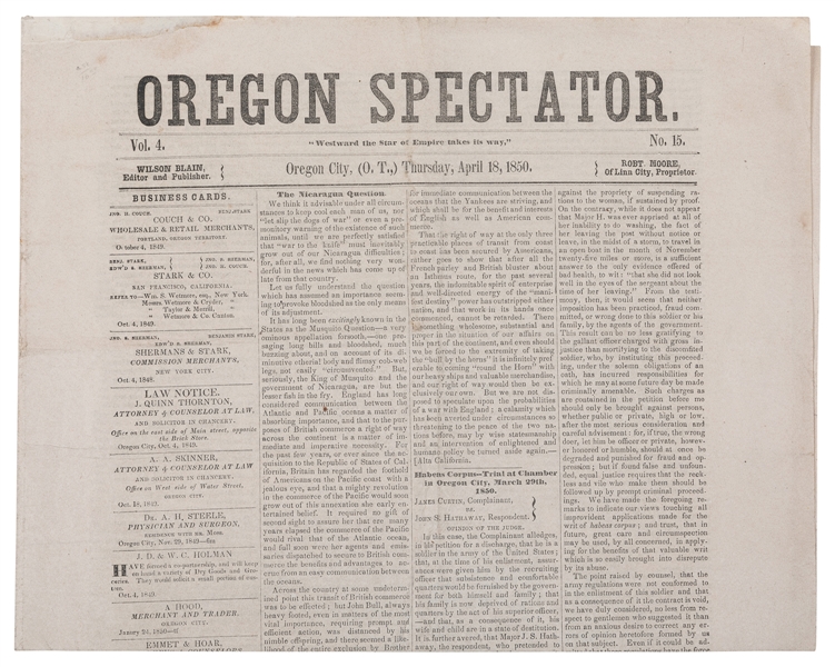  [OREGON TERRITORY]. Oregon Spectator. News of the Whitman m...