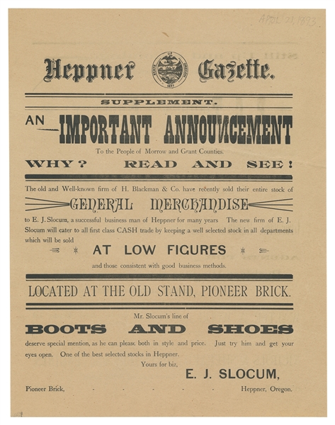  [OREGON]. Supplement to Heppner Gazette. Advertisements for...