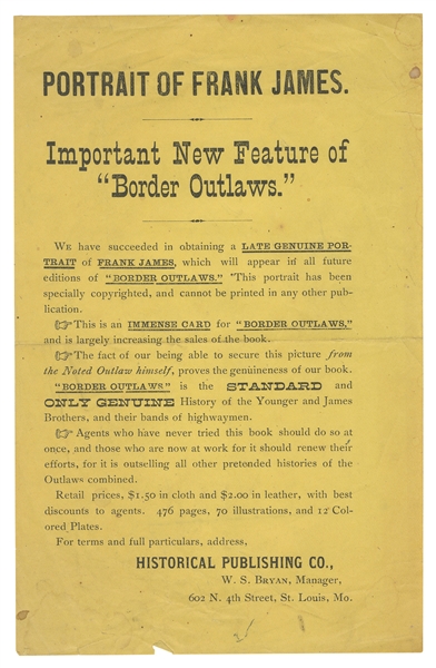  [OUTLAWS]. [JAMES, Frank (1843-1915)]. Portrait of… Importa...