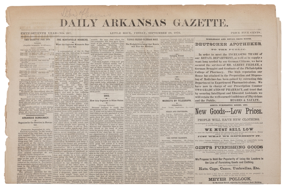  [OUTLAWS]. [JAMES-YOUNGER GANG]. Daily Arkansas Gazette. No...