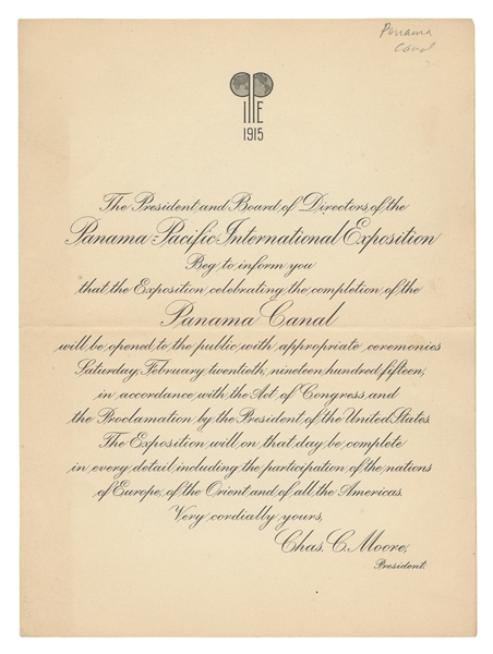  [PANAMA CANAL]. An original invitation to the Panama Pacifi...