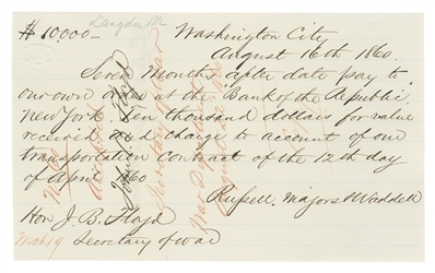  [PONY EXPRESS] -- [ABSTRACTED INDIAN BONDS]. Autograph docu...