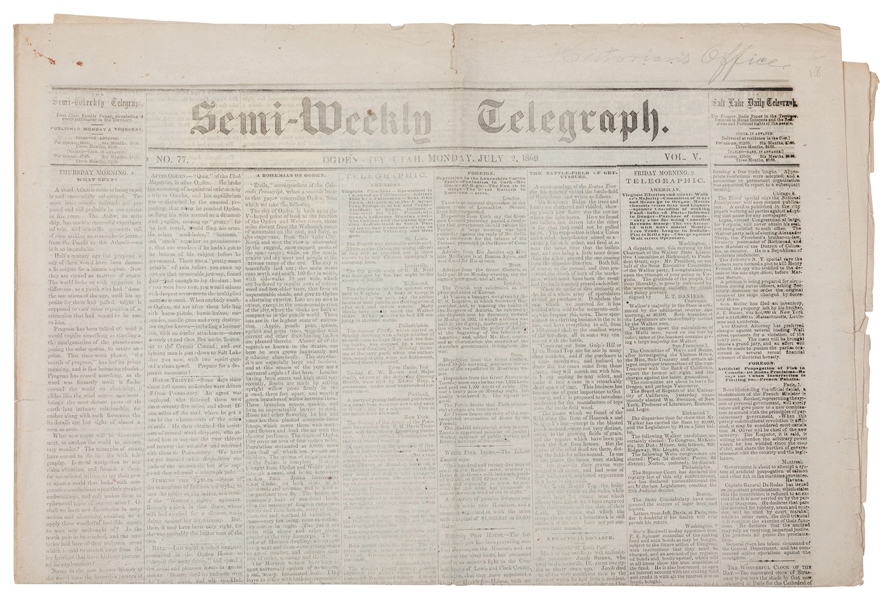  [RAILROAD]. Semi-Weekly Telegraph. Union Pacific Railroad a...