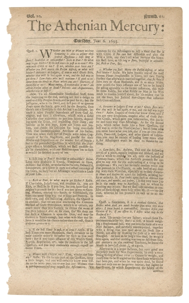  [SALEM WITCHCRAFT TRIALS]. The Athenian Mercury. Advertisem...