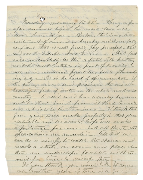  [SOUTH DAKOTA]. Autograph Letter Signed. [Sioux Falls], “Mo...