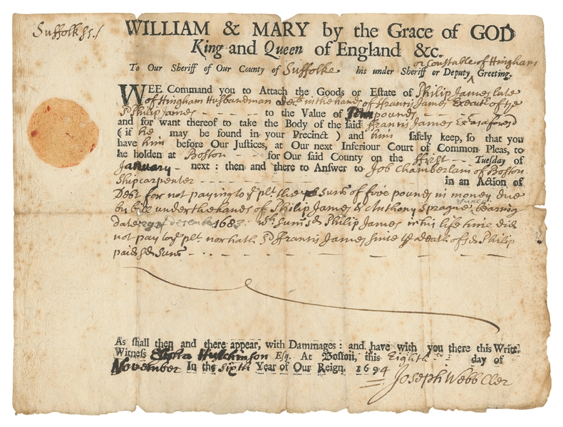  [WILLIAM & MARY]. Partially printed document signed, Suffol...