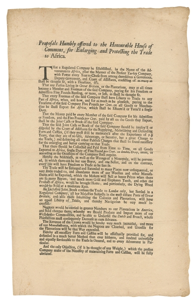  [SLAVE TRADE]. Proposals Humbly offered to the Honourable H...