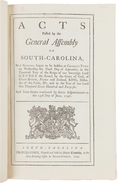  [SOUTH CAROLINA - SLAVES]. Acts Passed by the General Assem...