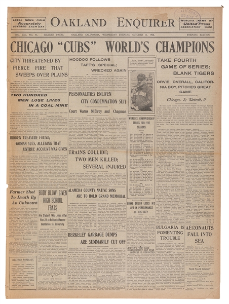  [BASEBALL]. Oakland Enquirer. Oakland, CA, October 14, 1908...