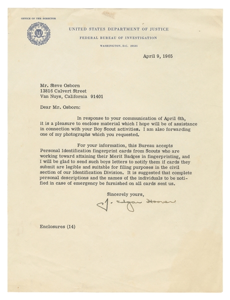  HOOVER, John Edgar (1895-1872). Typed letter signed (“J. Ed...